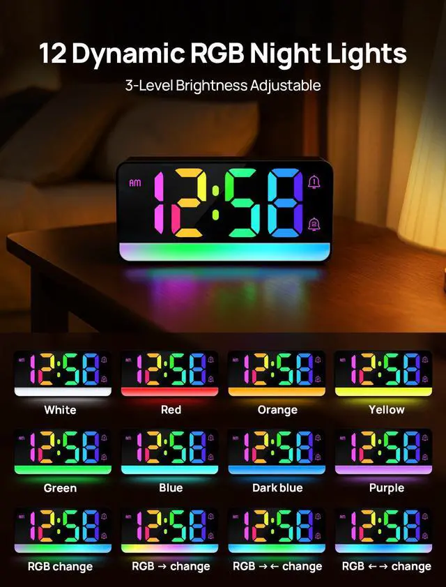 Alt view image 4 of 7 - Loud Alarm Clock for Heavy Sleepers,Digital Clock with 12 Color NightLight,Adjustable Volume,Dynamic RGB Color, Snooze, DST Bedrooms Bedside,ok to Wake for Kids,Teens