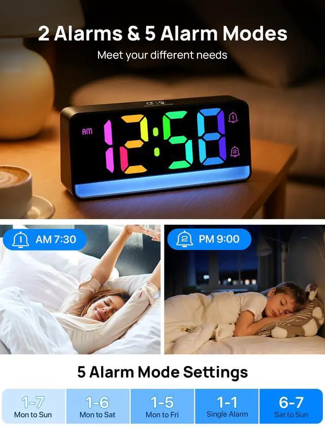 Alt view image 5 of 7 - Loud Alarm Clock for Heavy Sleepers,Digital Clock with 12 Color NightLight,Adjustable Volume,Dynamic RGB Color, Snooze, DST Bedrooms Bedside,ok to Wake for Kids,Teens