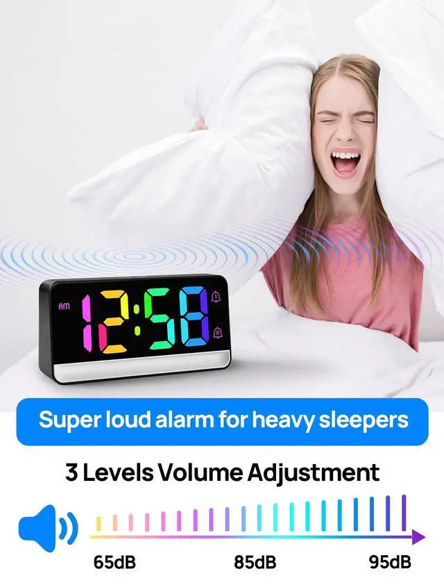 Alt view image 6 of 7 - Loud Alarm Clock for Heavy Sleepers,Digital Clock with 12 Color NightLight,Adjustable Volume,Dynamic RGB Color, Snooze, DST Bedrooms Bedside,ok to Wake for Kids,Teens
