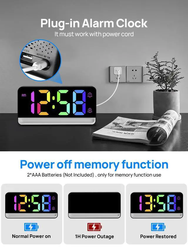 Alt view image 7 of 7 - Loud Alarm Clock for Heavy Sleepers,Digital Clock with 12 Color NightLight,Adjustable Volume,Dynamic RGB Color, Snooze, DST Bedrooms Bedside,ok to Wake for Kids,Teens