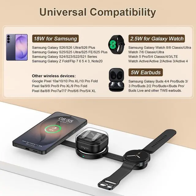 Alt view image 3 of 7 - 18W Fast Wireless Charger Pad 3 in 1 Foldable Travel Wireless Charging Station Kick Stand for Samsung Galaxy S26 Ultra S26 S25 FE S25 S24 S23/Z Flip Fold 7 6, Galaxy Watch 8 Classic/7/6/5/Galaxy Buds4