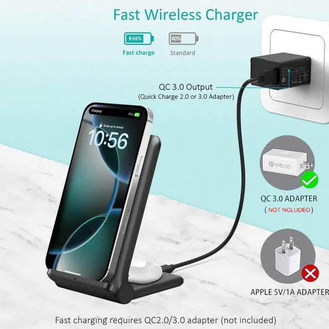 Alt view image 6 of 7 - 2 in 1 Wireless Charger,Foldable 20W Fast Wireless Charging Stand Compatible with iPhone 17/16/16 Pro/15/14/X/AirPods,Dual Phone Induction Charge Station for Samsung,Pixel,Xperia,LG(No Plug)