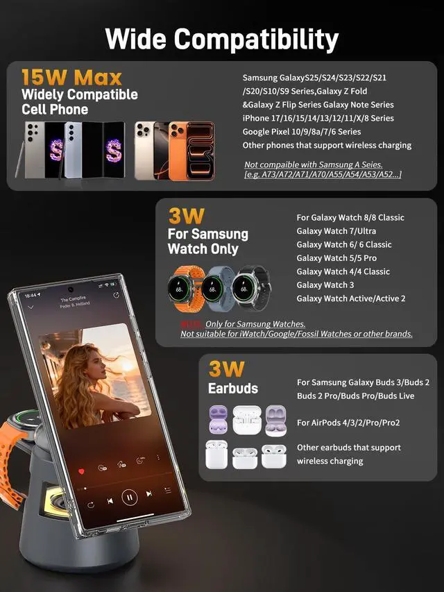 Alt view image 3 of 7 - Wireless Charger for Samsung, 3 in 1 Magnetic Charging Station for Samsung Galaxy S25 Ultra/Z Fold7/Flip, Watch 8/Ultra/7/6/5, Galaxy Buds 3 Pro, with Bluetooth Speaker and Night Light (Gift Ideal)