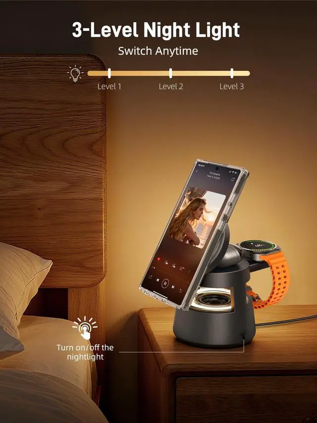 Alt view image 5 of 7 - Wireless Charger for Samsung, 3 in 1 Magnetic Charging Station for Samsung Galaxy S25 Ultra/Z Fold7/Flip, Watch 8/Ultra/7/6/5, Galaxy Buds 3 Pro, with Bluetooth Speaker and Night Light (Gift Ideal)