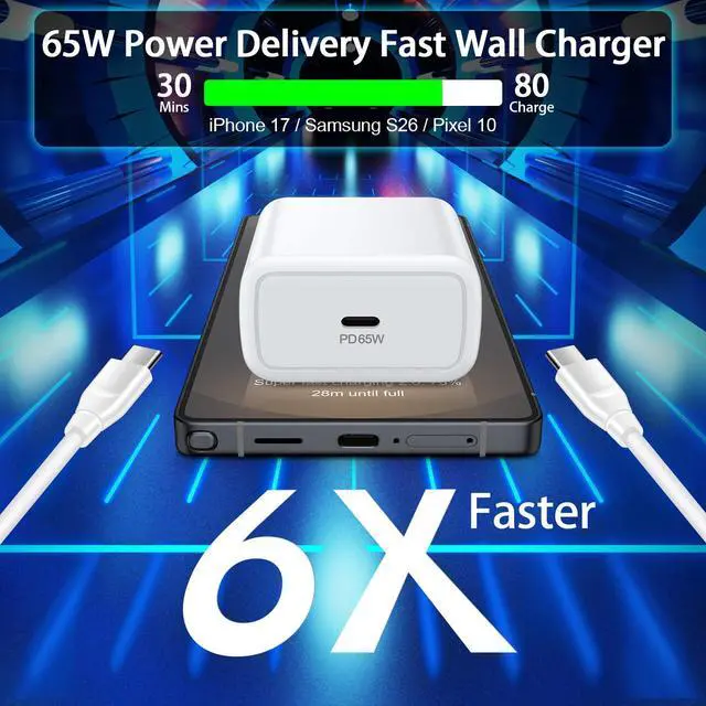 Alt view image 3 of 7 - 65W Super Fast Charger Cord Type C for Samsung Galaxy S26 Ultra S26+ S26 S25 FE Edge Plus A17 A16 A36 A26 A56 A35 S24 S23, 60W 6FT USB C to C Samsung Charger Fast Charging Cord Android Phone Charger