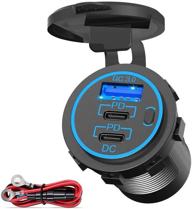 Main image of USB C Car Charger Socket 58W Lengthened RV USB Outlet 12V Socket Dual 20W PD3.0 USB-C and 18W QC3.0 Car USB Port with Button Power Switch for Boat Marine Motorcycle
