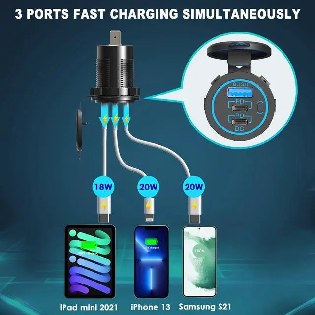 Alt view image 2 of 7 - USB C Car Charger Socket 58W Lengthened RV USB Outlet 12V Socket Dual 20W PD3.0 USB-C and 18W QC3.0 Car USB Port with Button Power Switch for Boat Marine Motorcycle