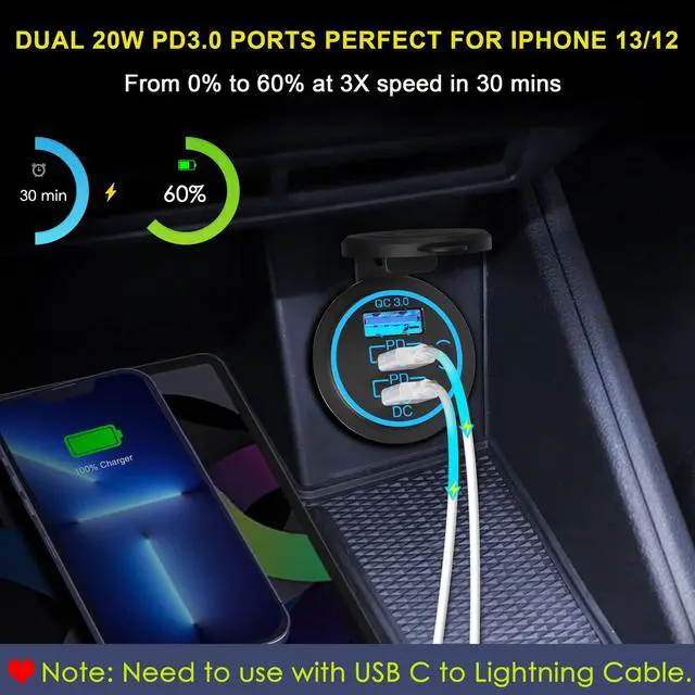 Alt view image 3 of 7 - USB C Car Charger Socket 58W Lengthened RV USB Outlet 12V Socket Dual 20W PD3.0 USB-C and 18W QC3.0 Car USB Port with Button Power Switch for Boat Marine Motorcycle