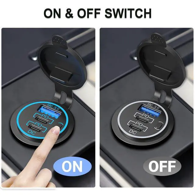 Alt view image 5 of 7 - USB C Car Charger Socket 58W Lengthened RV USB Outlet 12V Socket Dual 20W PD3.0 USB-C and 18W QC3.0 Car USB Port with Button Power Switch for Boat Marine Motorcycle