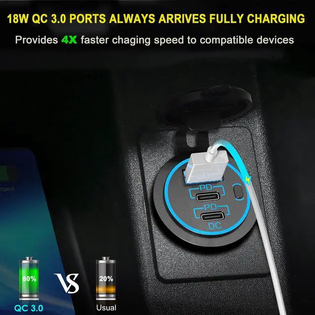 Alt view image 4 of 7 - USB C Car Charger Socket 58W Lengthened RV USB Outlet 12V Socket Dual 20W PD3.0 USB-C and 18W QC3.0 Car USB Port with Button Power Switch for Boat Marine Motorcycle