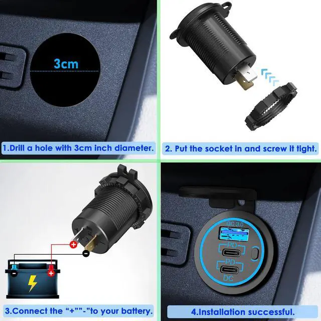 Alt view image 7 of 7 - USB C Car Charger Socket 58W Lengthened RV USB Outlet 12V Socket Dual 20W PD3.0 USB-C and 18W QC3.0 Car USB Port with Button Power Switch for Boat Marine Motorcycle