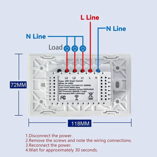 Alt view image 4 of 7 - Smart Light Switch Need Neutral Wire,Single Gang,White 3 Button
