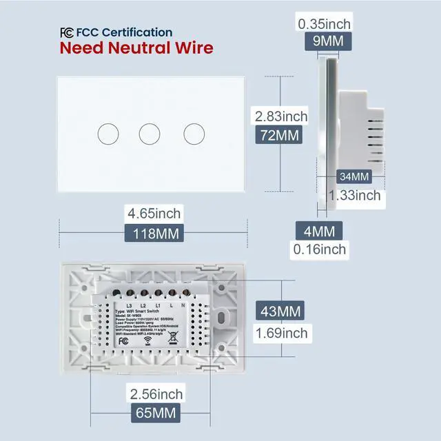Alt view image 5 of 7 - Smart Light Switch Need Neutral Wire,Single Gang,White 3 Button
