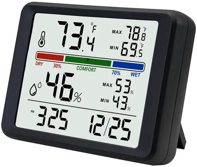 Main image of Digital Thermometer Hygrometer, Plumeet Indoor Wall Thermometer with Backlight, Digital Alarm Clock, Date, Air Comfort Indicator, Max Min Record, Desktop Thermometer for Home, Black