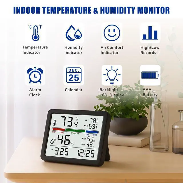 Alt view image 2 of 7 - Digital Thermometer Hygrometer, Plumeet Indoor Wall Thermometer with Backlight, Digital Alarm Clock, Date, Air Comfort Indicator, Max Min Record, Desktop Thermometer for Home, Black