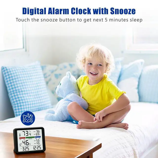 Alt view image 5 of 7 - Digital Thermometer Hygrometer, Plumeet Indoor Wall Thermometer with Backlight, Digital Alarm Clock, Date, Air Comfort Indicator, Max Min Record, Desktop Thermometer for Home, Black