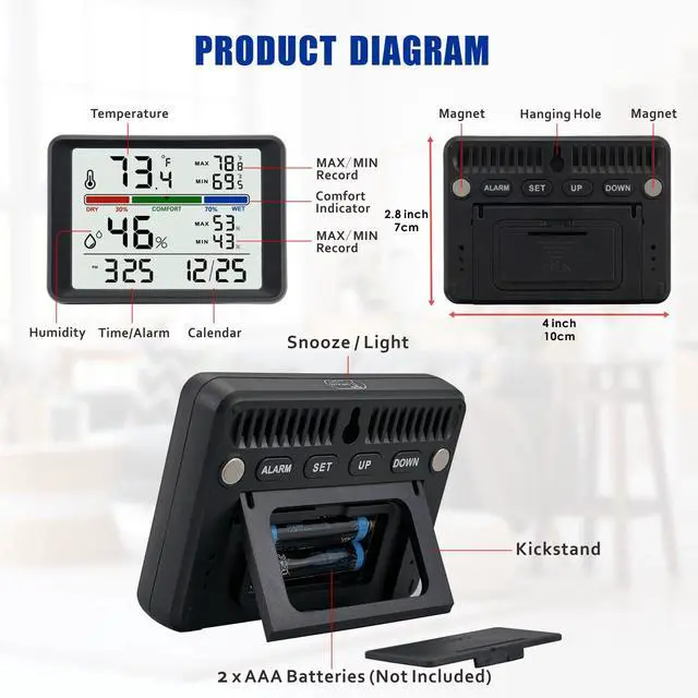 Alt view image 7 of 7 - Digital Thermometer Hygrometer, Plumeet Indoor Wall Thermometer with Backlight, Digital Alarm Clock, Date, Air Comfort Indicator, Max Min Record, Desktop Thermometer for Home, Black