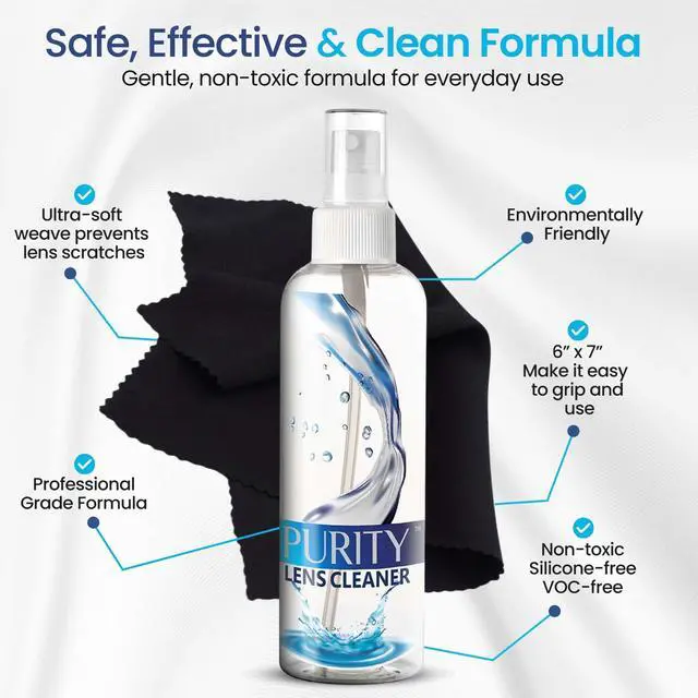 Alt view image 2 of 7 - Kit - 2 x 8oz and 1 x 2oz Lens Cleaner Spray Bottle + 2 Microfiber Cleaning Cloths - Safe for All Lenses (AR Coated Included), Eyeglasses and Screens - Clear
