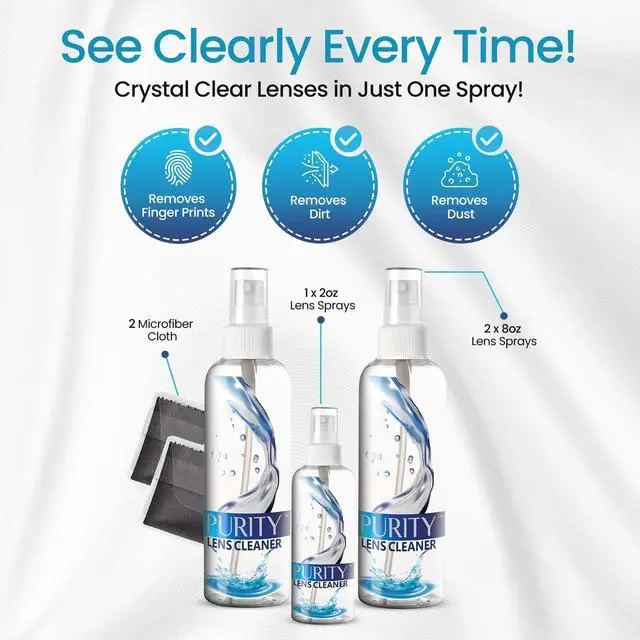 Alt view image 5 of 7 - Kit - 2 x 8oz and 1 x 2oz Lens Cleaner Spray Bottle + 2 Microfiber Cleaning Cloths - Safe for All Lenses (AR Coated Included), Eyeglasses and Screens - Clear