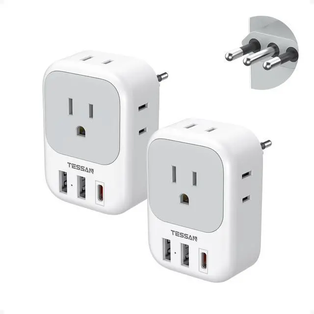 Main image of Italy Travel Plug Adapter 2 Pack, Italy Power Adaptor with 4 Outlets 3 USB Charger(1 USB C PD 20W), Type L Adapter for US to Chile Libya Syria Tunisia Uruguay