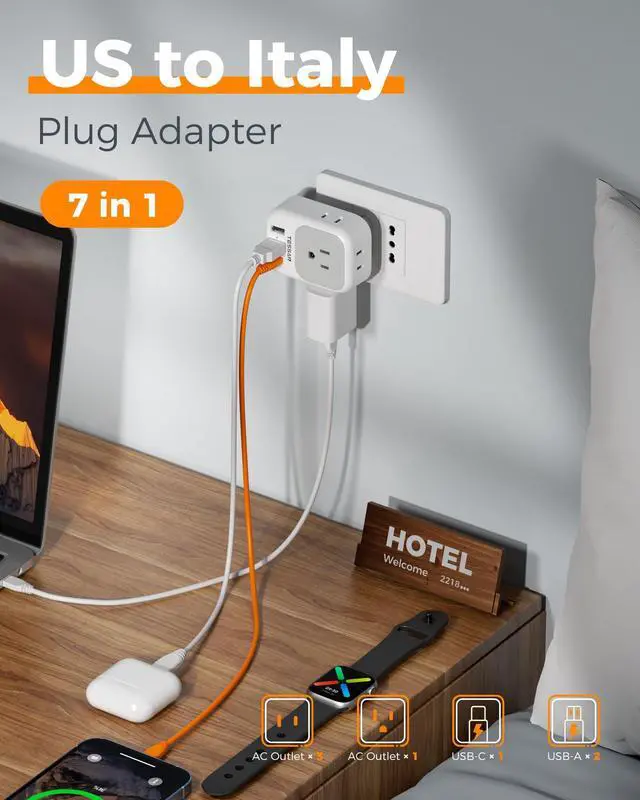 Alt view image 3 of 7 - Italy Travel Plug Adapter 2 Pack, Italy Power Adaptor with 4 Outlets 3 USB Charger(1 USB C PD 20W), Type L Adapter for US to Chile Libya Syria Tunisia Uruguay