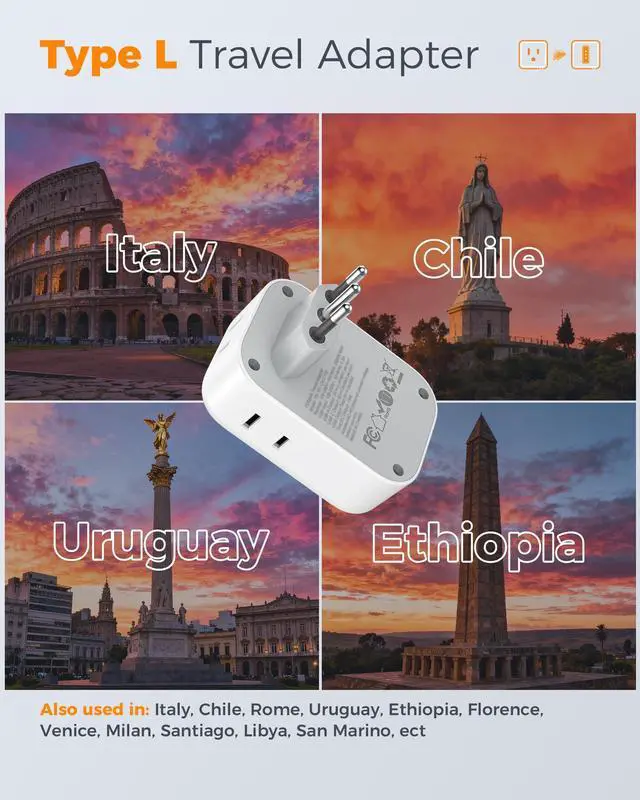 Alt view image 2 of 7 - Italy Travel Plug Adapter 2 Pack, Italy Power Adaptor with 4 Outlets 3 USB Charger(1 USB C PD 20W), Type L Adapter for US to Chile Libya Syria Tunisia Uruguay