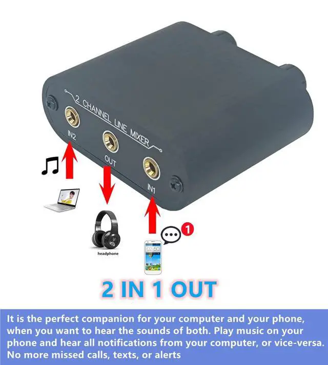 Alt view image 2 of 6 - 2 Way Audio mixer 3.5mm Un-powered mixer, 2 to 1 Stereo aux 3.5mm line levels control Box mini passive mixer X21
