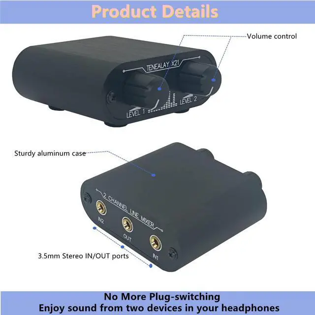 Alt view image 4 of 6 - 2 Way Audio mixer 3.5mm Un-powered mixer, 2 to 1 Stereo aux 3.5mm line levels control Box mini passive mixer X21