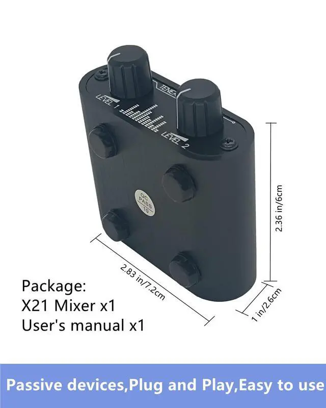 Alt view image 5 of 6 - 2 Way Audio mixer 3.5mm Un-powered mixer, 2 to 1 Stereo aux 3.5mm line levels control Box mini passive mixer X21