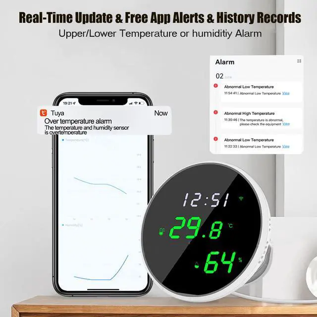 Alt view image 2 of 7 - WiFi Thermometer Hygrometer: Digital Indoor Temperature Humidity Sensor with LED Backlit Display, App Notification Alert, Free Data Storage Export, Smart Temperature Monitor Compatible with Alexa