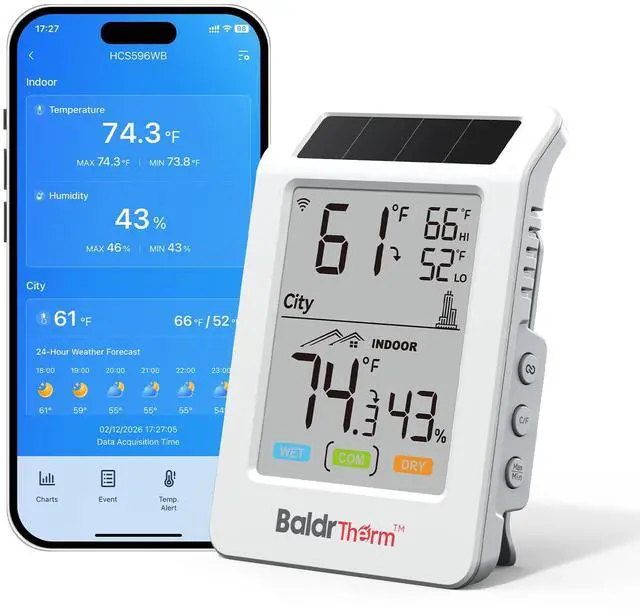 Main image of WiFi Thermometer Hygrometer, Wireless Indoor Outdoor Temperature Humidity Monitor, Solar Boost, 3.9" Large Screen, App Alerts for Home, Greenhouse, Pipe Protection, Cellar & Baby Room