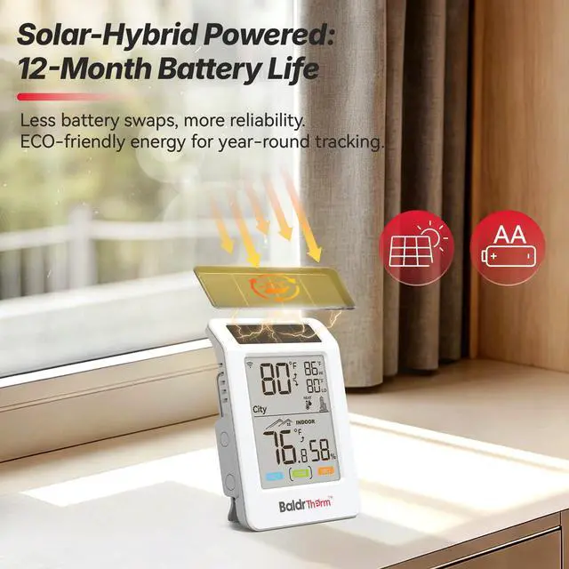 Alt view image 2 of 7 - WiFi Thermometer Hygrometer, Wireless Indoor Outdoor Temperature Humidity Monitor, Solar Boost, 3.9" Large Screen, App Alerts for Home, Greenhouse, Pipe Protection, Cellar & Baby Room