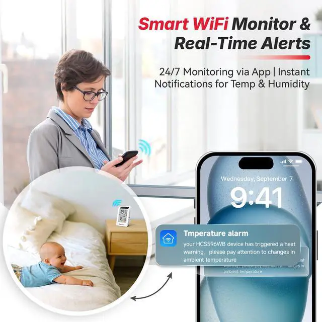 Alt view image 7 of 7 - WiFi Thermometer Hygrometer, Wireless Indoor Outdoor Temperature Humidity Monitor, Solar Boost, 3.9" Large Screen, App Alerts for Home, Greenhouse, Pipe Protection, Cellar & Baby Room