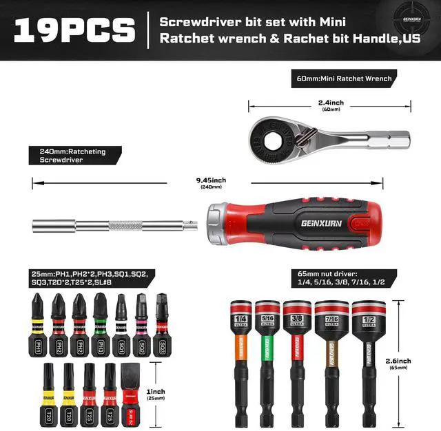 Alt view image 2 of 7 - 19 Pieces Ratcheting Screwdriver Set and Socket Wrench Set, Mini Rachet Wrench, Rachet Screwdriver Handle and Nut Driver with 12 Pcs Impact Screwdriver Bit, Hand Tools Set for Repair DIY