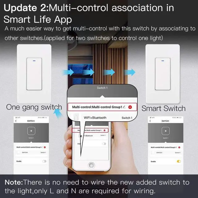 Alt view image 4 of 7 - WiFi Wall Push Button Smart Light Switch,Multi-Control, 2.4GHz WiFi Light Switches, Neutral Wire Required,Remote Control Smart Life/Tuya, Work with Alexa,Google Home White 1 Gang