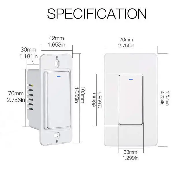 Alt view image 7 of 7 - WiFi Wall Push Button Smart Light Switch,Multi-Control, 2.4GHz WiFi Light Switches, Neutral Wire Required,Remote Control Smart Life/Tuya, Work with Alexa,Google Home White 1 Gang