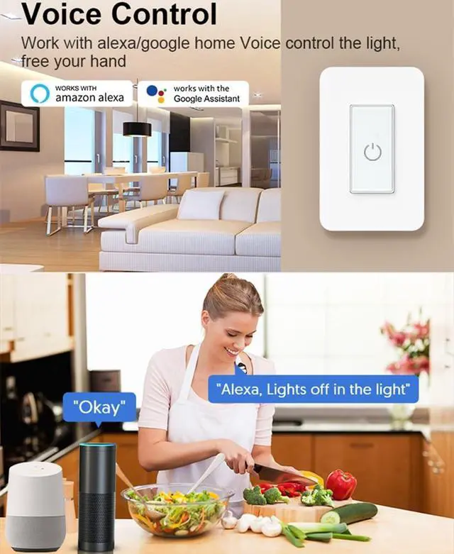 Alt view image 4 of 7 - Smart Light Switch,2.4GHz Wi-Fi Single Pole Touch Switch, Timmer Voice & Smart Life App Control,Compatible with Alexa Google Assistant,Neutral Wire Required,White(Single Switch)