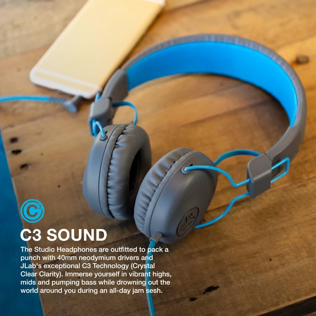 Alt view image 5 of 6 - Studio on-Ear Wired Headphones with 40mm Neodymium Drivers and C3 Sound, Gray/Blue