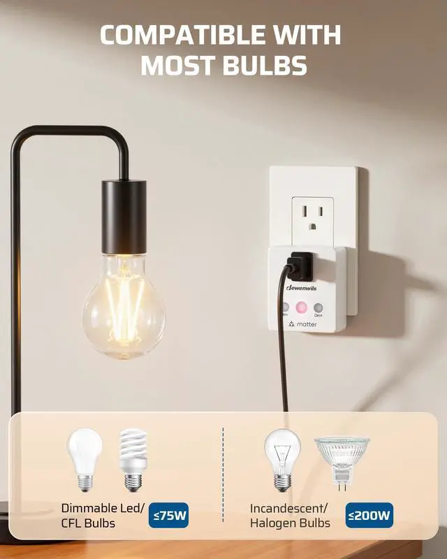 Alt view image 4 of 7 - Matter Plug in Dimmer Switch for Lamp, Works with Alexa, Compatible with Google Home & SmartThings APP Voice Wireless Dimmer Button Control, Dimmable LED/Tungsten Bulbs, 2.4G Wi-Fi, White