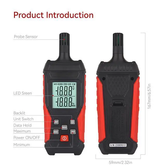 Alt view image 2 of 6 - Temperature & Humidity Meter Detector Digital Hygrometer Handheld Industrial Home Indoor - Ambient, Relative Humidity, LCD Backlight, Min/Max Hold