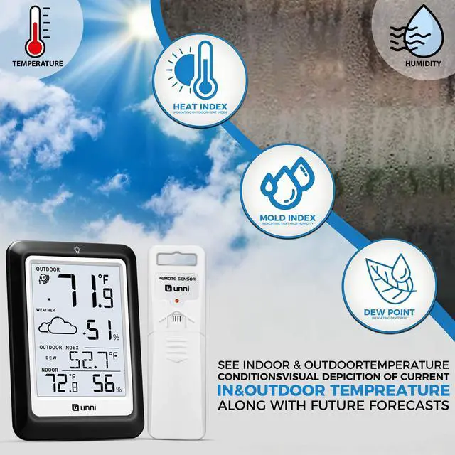 Alt view image 4 of 7 - Indoor Outdoor Thermometer Hygrometer Wireless Weather Station, Temperature Humidity Monitor Battery Powered Inside Outside Thermometers with 330ft Range Remote Sensor(Black)