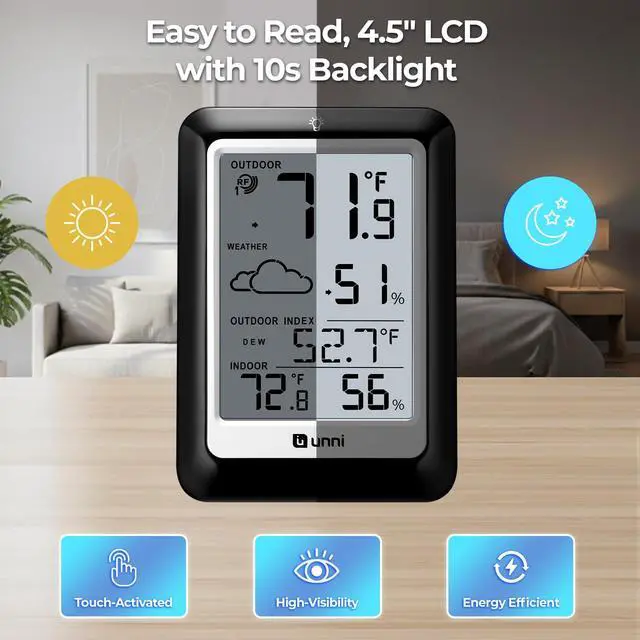 Alt view image 5 of 7 - Indoor Outdoor Thermometer Hygrometer Wireless Weather Station, Temperature Humidity Monitor Battery Powered Inside Outside Thermometers with 330ft Range Remote Sensor(Black)