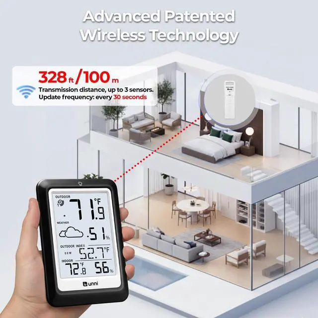 Alt view image 3 of 7 - Indoor Outdoor Thermometer Hygrometer Wireless Weather Station, Temperature Humidity Monitor Battery Powered Inside Outside Thermometers with 330ft Range Remote Sensor(Black)