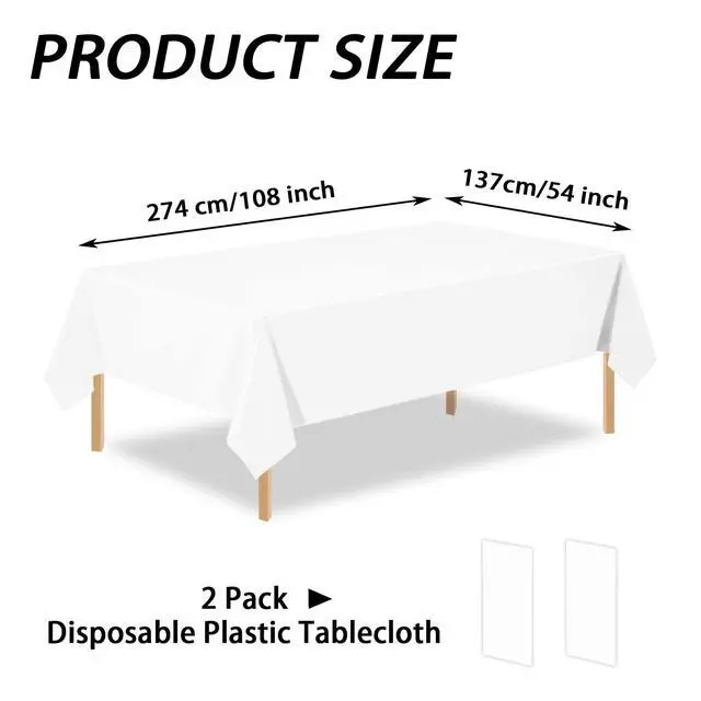Alt view image 2 of 7 - 2 Pack White Plastic Table Cloth Disposable Rectangle Tablecloth 54 x 108 Inch, White Plastic Table Covers for Birthday Wedding Banquet Picnic Holiday Party Decorations