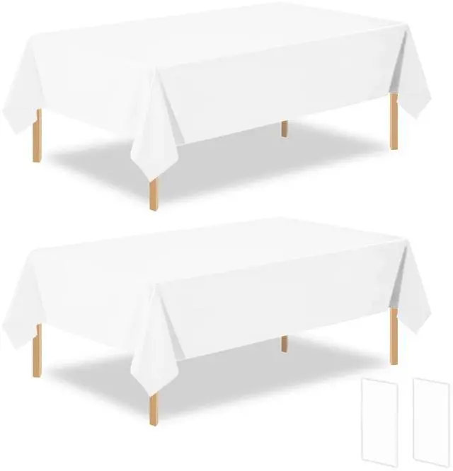Main image of 2 Pack White Plastic Table Cloth Disposable Rectangle Tablecloth 54 x 108 Inch, White Plastic Table Covers for Birthday Wedding Banquet Picnic Holiday Party Decorations