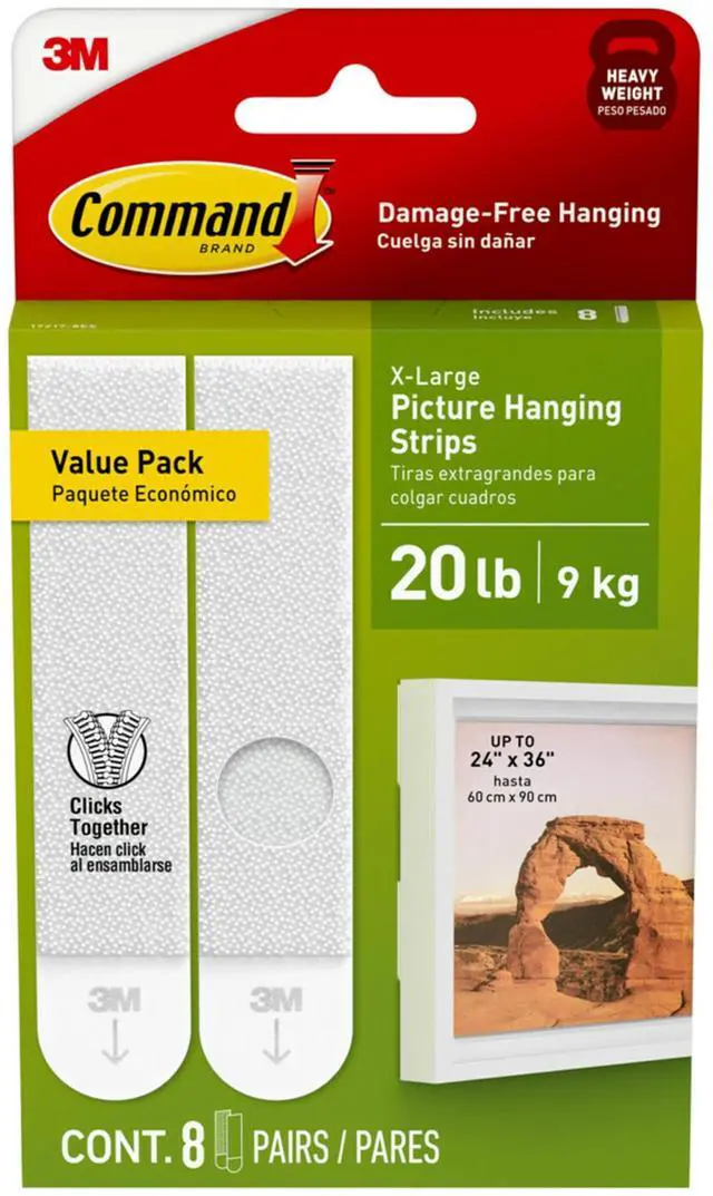 Main image of 20 lb XL 8 Pairs Heavyweight Picture Hanging Strips (16 Strips), Damage-Free Hangers for Picture Frames, No Tools Required, Ideal for Home Room Wall Decor, White Adhesive