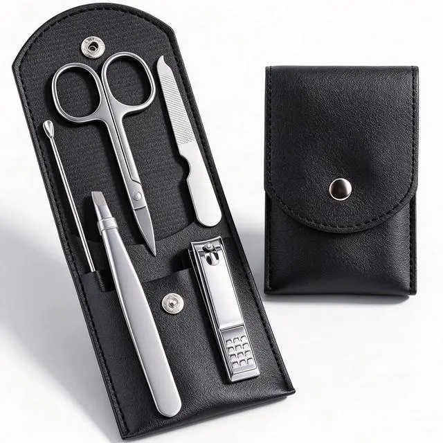 Main image of Travel Manicure Set Professional Nail Clipper Kit-5 Pieces Stainless Steel Manicure Kit, Women Men Grooming kit With Nail Care Tools Beauty Scissors Tweezers (Silver Black)