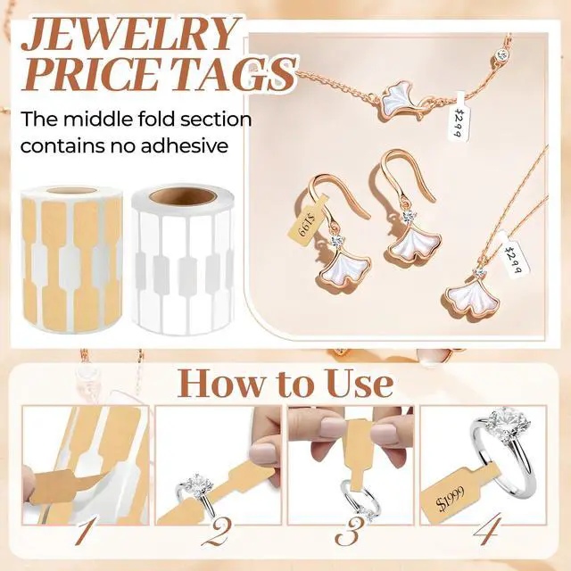 Alt view image 4 of 7 - 500PCS Roll Jewelry Price Tags,Self-Adhesive White Blank Jewelry Tags for Pricing,Labels Rectangle Shape Stickers Roll for Necklace Earring Bracelet Ring Price Identify (White)