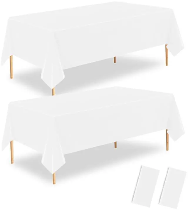 Main image of White Plastic Tablecloth 2 Pack, 54 X 108 Disposable Rectangle Table Cloth for Birthday Party, Wedding, Anniversary, Picnics, Camping