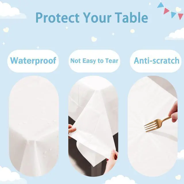 Alt view image 3 of 6 - White Plastic Tablecloth 2 Pack, 54 X 108 Disposable Rectangle Table Cloth for Birthday Party, Wedding, Anniversary, Picnics, Camping